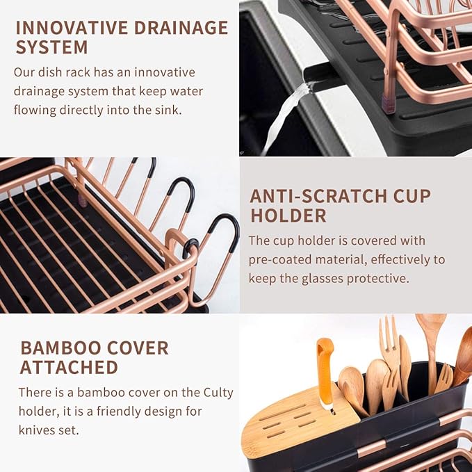 BRIAN & DANY Aluminum Dish Drying Rack, Dish Racks for Kitchen Counter, Dish Drainer with Removable Cutlery Holder & Cup Holder, Unique 360° Swivel Spout Drainboard, 16.5" L x 11.8" W, Golden