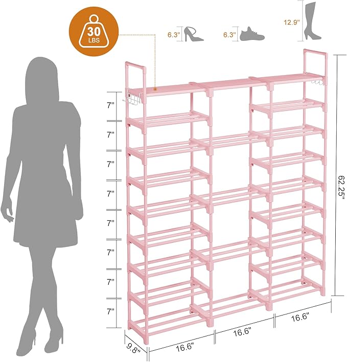 WOWLIVE 9 Tiers Large Shoe Rack Storage Organizer for Closet 50-55 Pairs Shoe Tower Unit Shelf Stackable Shoe Rack with Metal Pipes Plastic Connectors Pink-NeatNest