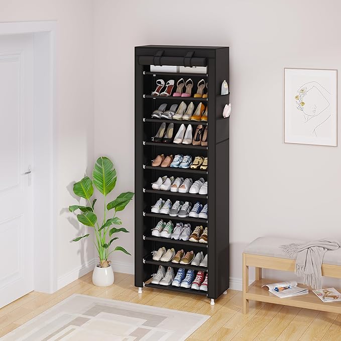 UDEAR 10-Tier Free Standing Shoe Rack Sturdy Shoe Rack Organizer for Closet Entryway Stackable Shoe Shelf with Dustproof Cover,Black-NeatNest