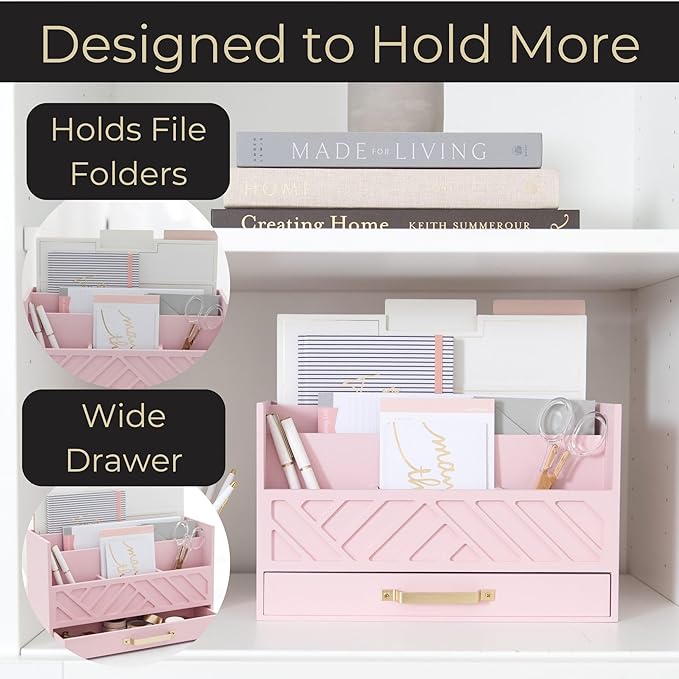 BLU MONACO Pink Wooden Desk Organizer with Storage Drawer and Gold Handle – Cute Office Supplies Holder – Mail Storage for Desktop at Home, Office, or Workspace-NeatNest