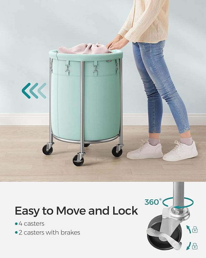 SONGMICS Laundry Basket with Casters, Rolling Laundry Hamper, 29 Gal., Round Laundry Cart with Steel Frame and Removable Bag, 4 Casters and 2 Brakes, Mint Green and Metallic Silver URLS002C01