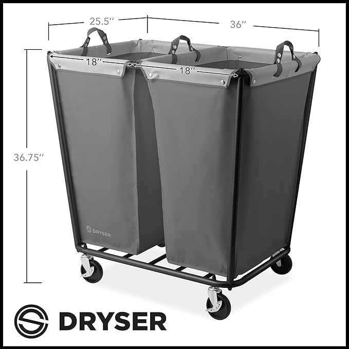 Dryser Divided Commercial Heavy-Duty Rolling Laundry Hamper, Steel Frame Cart on Wheels with 2 Section Removable Canvas Bins for Hotel or Home - Gray