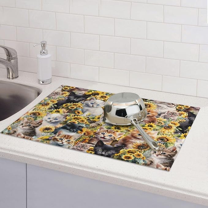 Cute Cat Dish Drying Mat 18 x 24 Inch for Kitchen Counter Cute Kitchen Mat Microfiber Kitchen Countertop Absorbent Reversible Drainer Rack Pad Dish Drying Mat-NeatNest