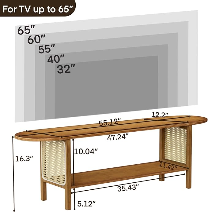 Bamboo TV Stand for TVs up to 65", Accent Entertainment Center with Storage, Media Console Table with Rattan, Modern TV Stand for Living Room, Bedroom, 55"(L), Walnut-NeatNest