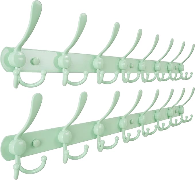 Dseap Coat Rack Wall Mount - 29.5” Long 8-Tri-Hooks Heavy Duty Coat Hanger Rail Wall Hooks for Hanging Coats Hats Clothing Clothes Purse Mudroom Entryway, Green, Pack of 2-NeatNest