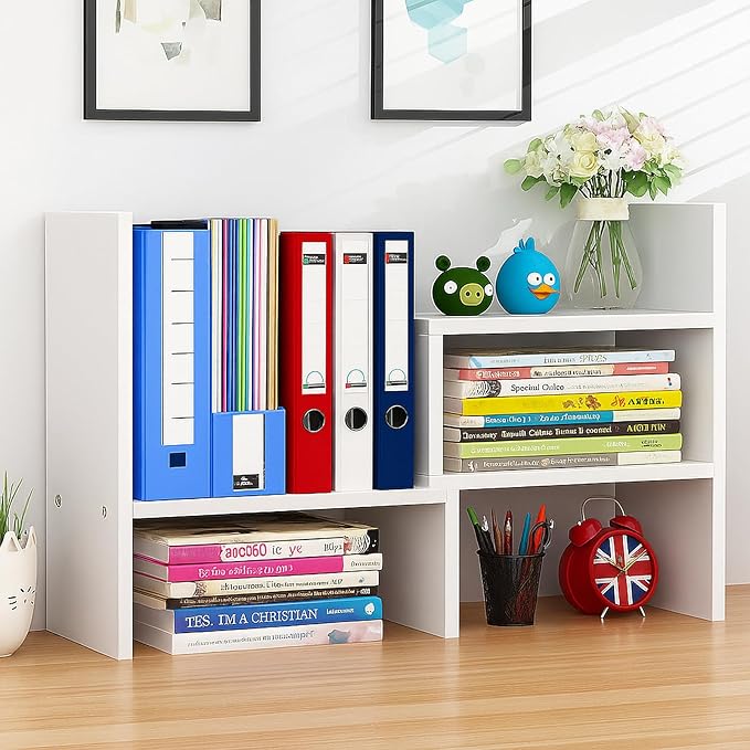 Desktop Shelf Organizer, Adjustable Wood Office Storage Rack, Counter Display Small Bookshelf for Home/Office/School(White)-NeatNest