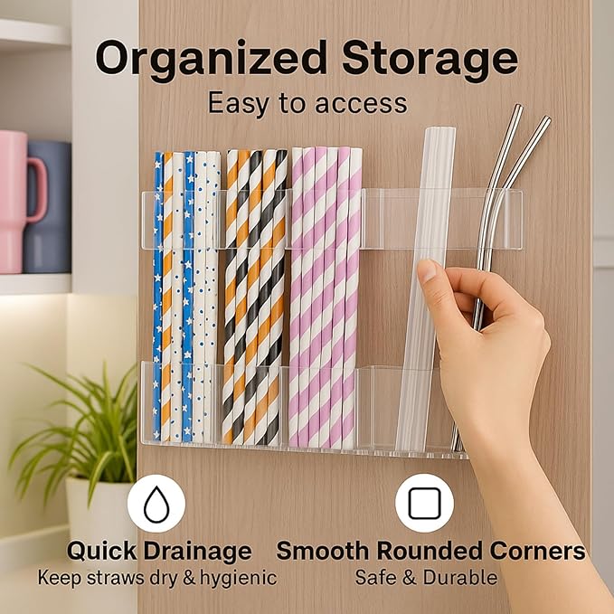 9.5” Large Acrylic Straw Holder for Cabinet Door, Reusable Straw Cabinet Organizer with Double-Sided Adhesive Tape for Kitchen Counter Cupboard (Transparent)