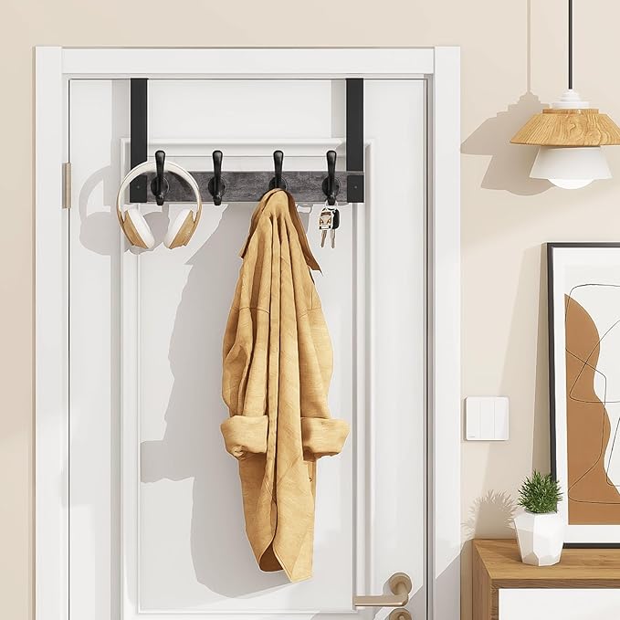 Homode Over The Door Hooks Heavy Duty, Wood Over The Door Towel Rack for Bathroom Door, Rustic Over The Door Hanger,Back of Door Hooks Coat Hooks for Hanging Towels Clothes Hats Bags, Grey