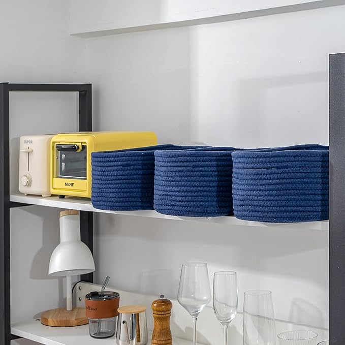 CubesLand Small Storage Baskets for Shelves, Navy Blue Closet Organization Storage Bins Empty Gift Basket 3 Packs Baby Nursery Woven Baskets for Organizing, Rectangular Clothes Closet Shelves Baskets-NeatNest