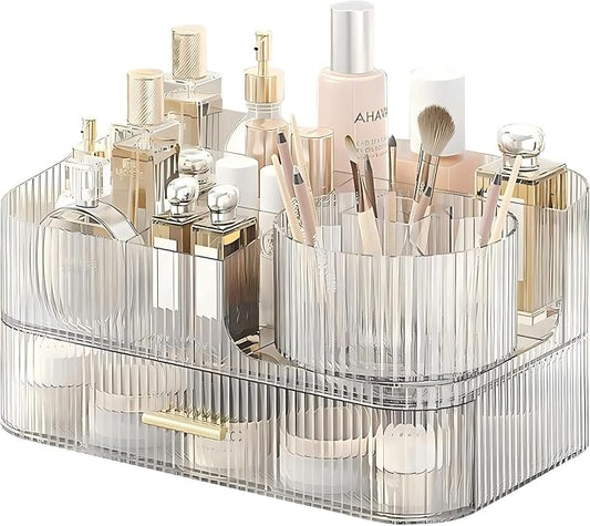 DASITON Makeup Organizer with Drawers and Rotating Makeup Brush Holder,Large Capacity Stackable Cosmetic Organizer Countertop,Bathroom Organizers and Storage,Make up Organizers for Vanity (Clear 02)-NeatNest