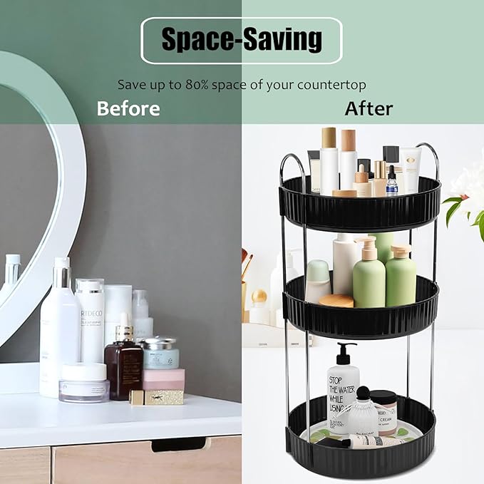 Rotating Makeup Organizer Countertop 3 Tier Lazy Susan Trays Spinning Skincare Perfume Storage for Bathroom Counter Vanity, Black-NeatNest