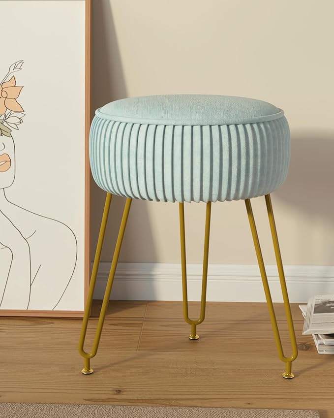 IBUYKE Velvet Round Footrest Stool Ottoman, Makeup Vanity Stool Side Table, Velvet Dressing Table Seat, Pouf Couch Stool, Golden Steel Legs, Blue LG-30H