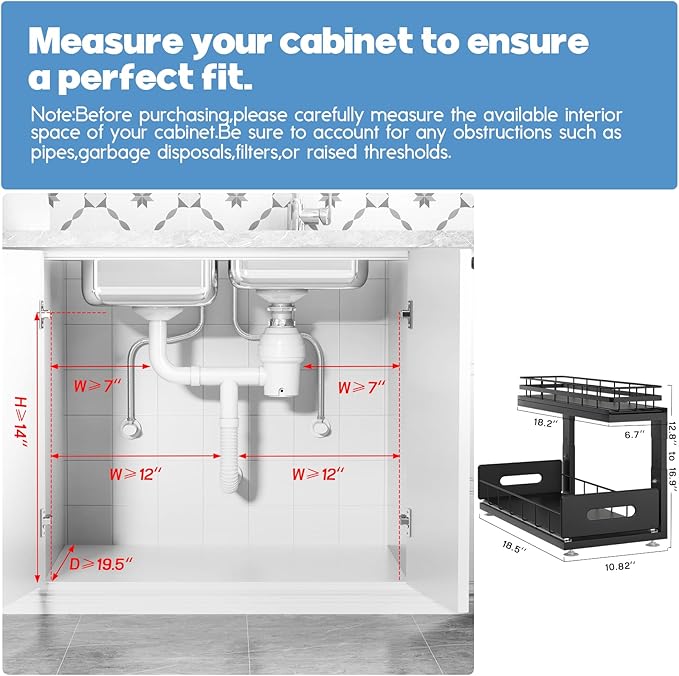 2 Pack 18 IN Depth Under Sink Organizer with Smooth Ball Bearing Slides,2-Tier Pull Out Cabinet Storage,Slide Out Drawers for Bathroom&Kitchen,Rust-resistant Coating,Height Adjustable-Black-NeatNest