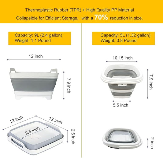 Collapsible Basin Bucket (9L+5L)-Collapsible Dish Tub Portable Sink-Foldable Sink Tub for Cleaning Foldable Portable Plastic (Grey+5L Grey)-NeatNest