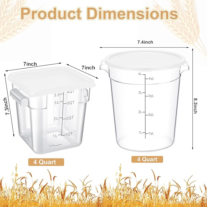 4 Pcs Food Storage Container with Lids Set 4 Qt Square and Round Clear PC Commercial Containers with Scale Handle for Home Restaurant Kitchen Food Storage, Dough Rise, Flour(White)