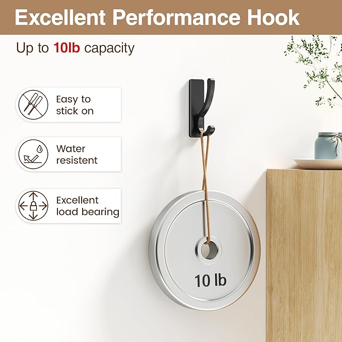 Adhesive Wall Hooks for Towels Coats - Stick On Hooks Hanging Heavy Duty (13lb), Metal Hook for Door, Bathroom, Dorm, Closet - Hanger for Purse, Bag, Robe,Backpack - No Damage to Wall - Black 6 Pack