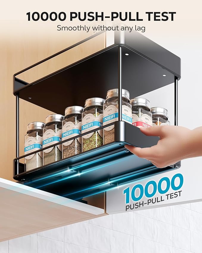 Nieifi Spice Rack Organizer for Cabinet, Vertical Spice Rack Pull Out, Easy to Install, Metal, 6.5''Wx10.35''Dx8.4''H, 2 Pack, 2 Tiers(Black)