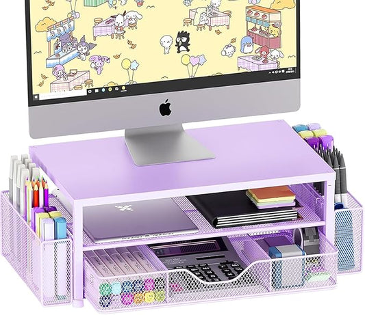 Desk Organizers and Accessories, 2-Tier Computer Monitor Stand Riser with Drawer and 2 Pen Holders, Laptop Stand, Office Desk Accessories for Office Supplies, Purple-NeatNest