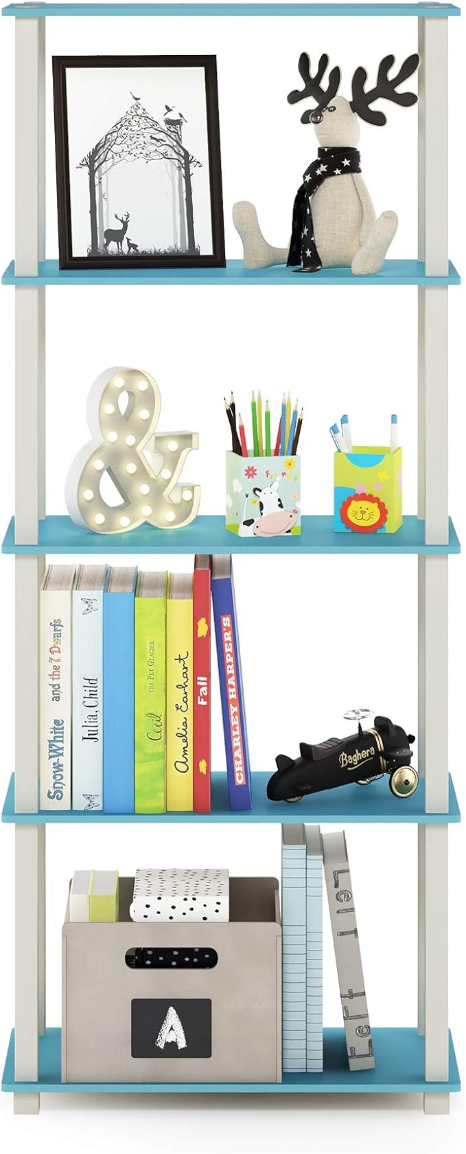 Furinno Turn-N-Tube 5-Tier Multipurpose Shelf / Display Rack / Storage Shelf / Bookshelf, Square Tubes, Light Blue/White-NeatNest