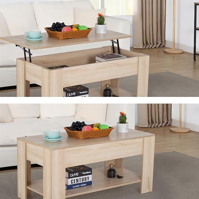 FDW Lift Top Coffee Table with Lift Tabletop Hidden Compartment and Storage Shelf Wooden Living Room Table for Home Reception Room Office,Grey