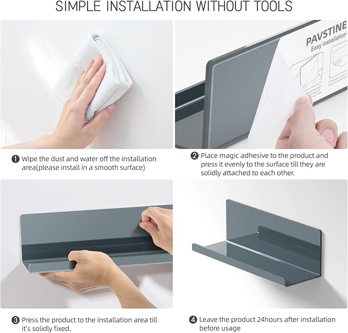 Adhesive Floating Shelves for Wall No Drilling, 12 Inch Acrylic Self Adhesive Shelves, Stick on Shelves, Dorm Wall Shelf, for Bathroom, Kitchen, Bedroom, Office, Gaming Room, Gray-NeatNest