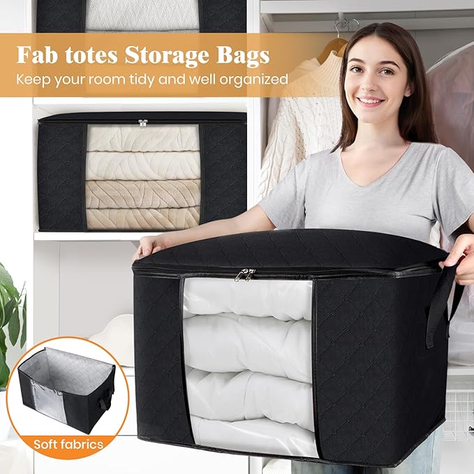 Fab totes 90L Clothes Storage, Foldable Thick Fabric Blanket Storage Bags, Containers for Organizing Bedroom, Closet, Clothing, Comforter, Organization with Handle (10 Pack,Black)-NeatNest