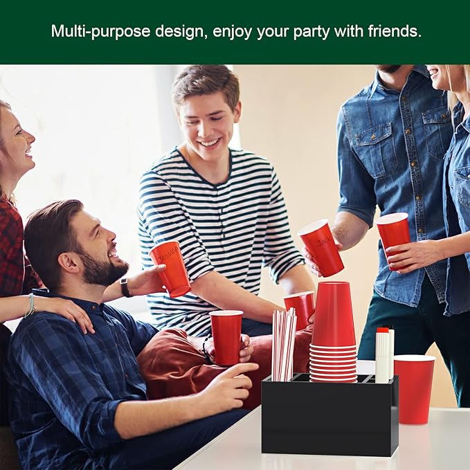 Cup Holder With Marker Slot, Party Dispenser Acrylic Organizer, Mark Your Drink Caddy, Modern Bar Counter Decor, Black-NeatNest