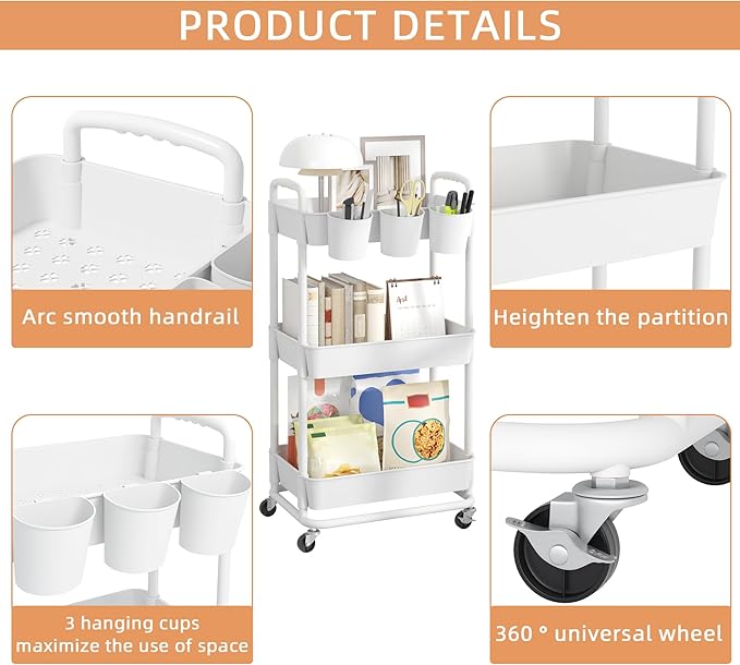 JIUYOTREE 3-Tier Plastic Rolling Storage Cart Utility Cart with Extra Hanging Cups Handles Lockable Wheels for Living Room Bathroom Kitchen Office White-NeatNest