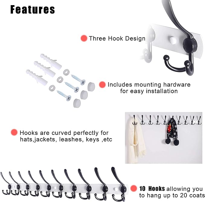 Dseap Coat Rack Wall Mount - 38” Long 10-Tri-Hooks Heavy Duty Coat Hanger Rail Wall Hooks for Hanging Coats Hats Clothing Clothes Purse Mudroom Entryway, White/Black-NeatNest