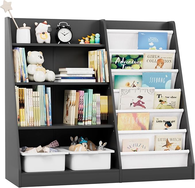 Black Kids Bookshelf Wood Toy Storage Organizer Cabinet Children Bookcase Toddler Baby Sling Book Rack Adjustable Shelf for Playroom Bedroom Nursery Hallway School Kindergarten-NeatNest