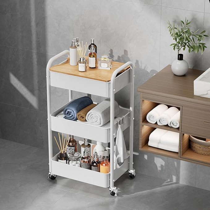 3 Tier Rolling Cart with Table top, Metal Rolling Utility Cart on Wheels, Sturdy Storage Organizer Cart with Hooks for Office, Classroom, Kitchen and Bathroom (White)-NeatNest
