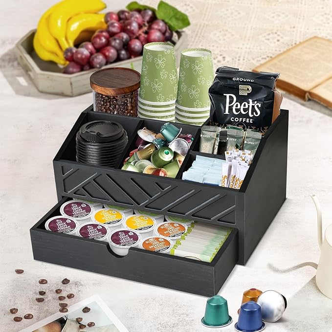 Farmhouse Coffee Bar Accessories Organizer - Countertop Coffee Station with Drawer, Pod Holder & Condiment Organizer (Black)-NeatNest