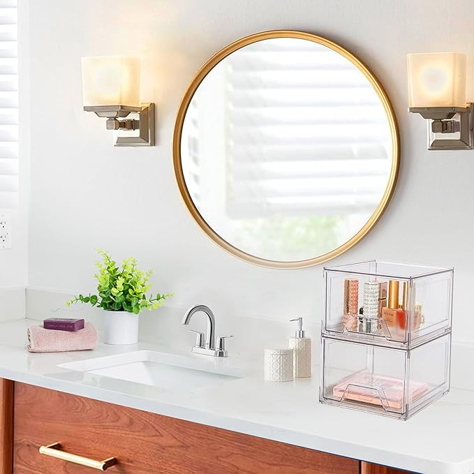 2 Pack Stackable Makeup Organizer, 4.4'' Tall Acrylic Bathroom Organizer and Storage Drawers, Clear Plastic Drawer Storage Bins For Vanity, Undersink, Cabinets, Pantry-NeatNest