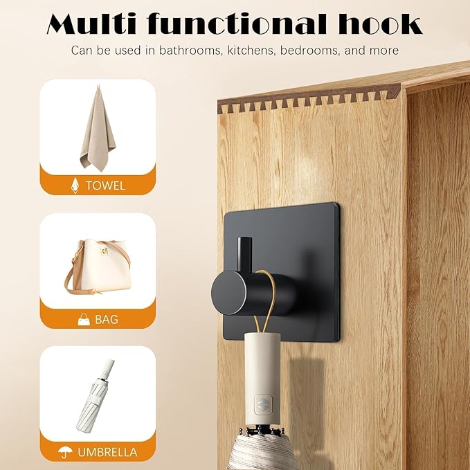 Adhesive Towel Hooks for Hanging - Self Adhesive Damage Free Towel Rack, Waterproof Shower Hooks, Heavy Duty Stick on Stainless Hook for Bathrooms, Kitchens, and Offices (Black,4 Pcs)