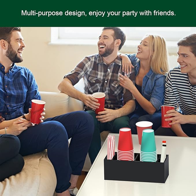 Double Cup Holder with Marker Slot, Party Cup Dispenser Acrylic Cup Organizer Mark Your Cup and Drink Up Caddy Modern Bar Counter Decor, Black-NeatNest