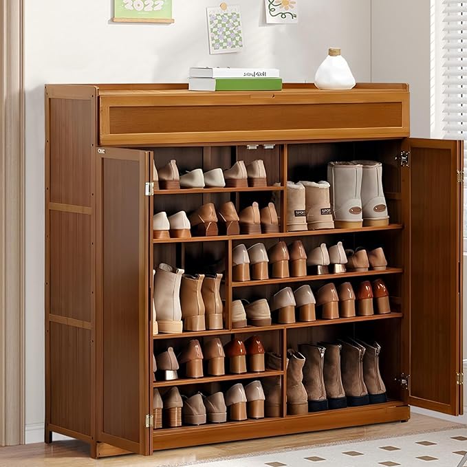 Bamboo Shoe Cabinet, 8-Tier Shoe Storage Cabinet with Doors, Freestanding Bamboo Shoe Rack Organizer with Shelves for Entryway, Hallway, Closet, Living Room (Brown-6)
