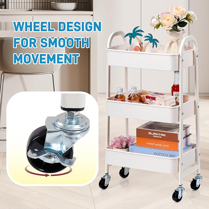 AGTEK 3-Tier Rolling Carts with Wheels, Rolling Utility Cart with Iron Frame for Kitchen, Plastic Shelves, Living Room, Office, White