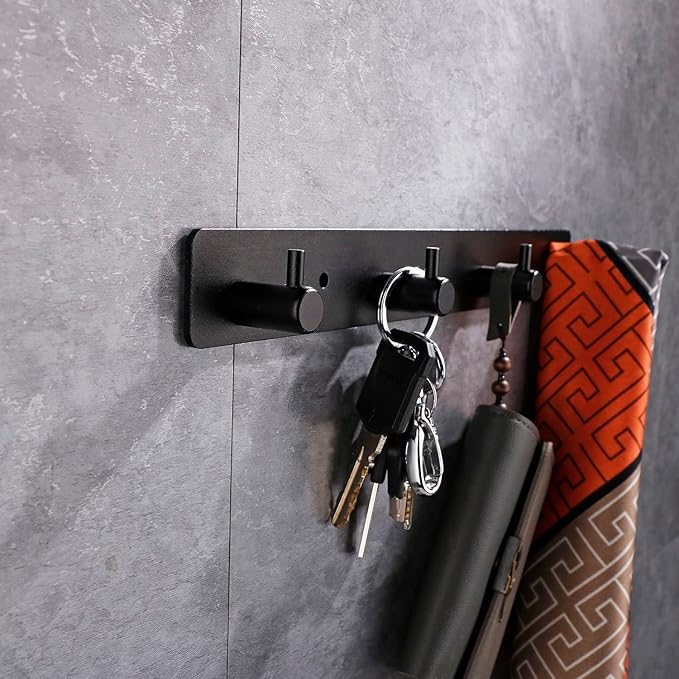 Adhesive Bathroom Black Hook Rail, 6 Matte Black Wall Key Hooks Rack Hanger Towel Robe Stick Door Hooks for Bathroom Toilet Entryway Hallway Kitchen Wall Mounted