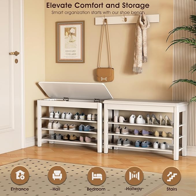 Shoe Rack Bench Seat Rubberwood 3-Tier Wooden Storage Bench 550lbs Compact Mid-Century Modern Design for Entryway, Hallway, Closet, Front Door Entrance, Foyer-NeatNest
