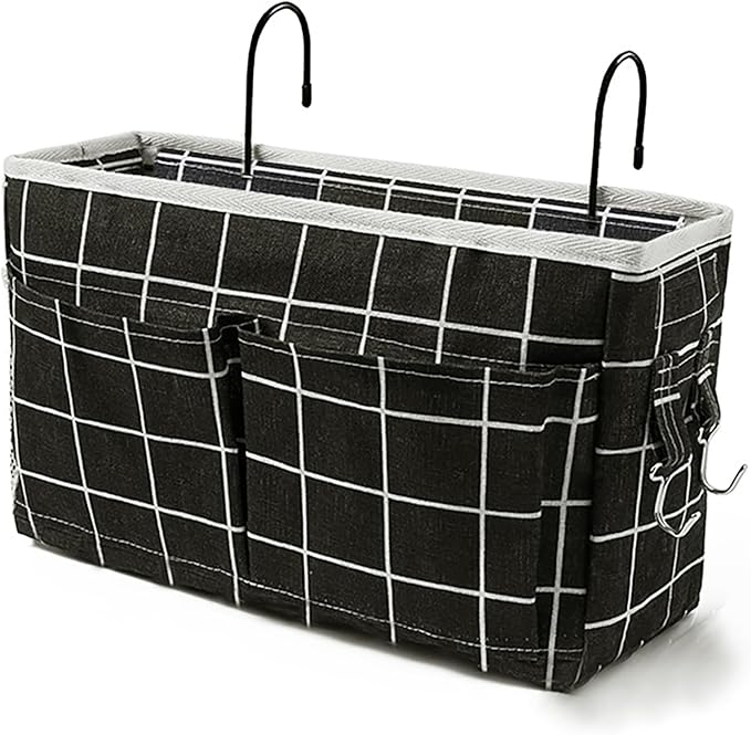 Bedside Caddy Bedside Hanging Storage Basket Multi-Function Organizer Caddy for Bunk and Hospital Beds Dorm Rooms Bed Rails, Can be Placed Glasses Books Mobile Phones(Black Grid)-NeatNest