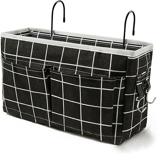 Bedside Caddy Bedside Hanging Storage Basket Multi-Function Organizer Caddy for Bunk and Hospital Beds Dorm Rooms Bed Rails, Can be Placed Glasses Books Mobile Phones(Black Grid)-NeatNest