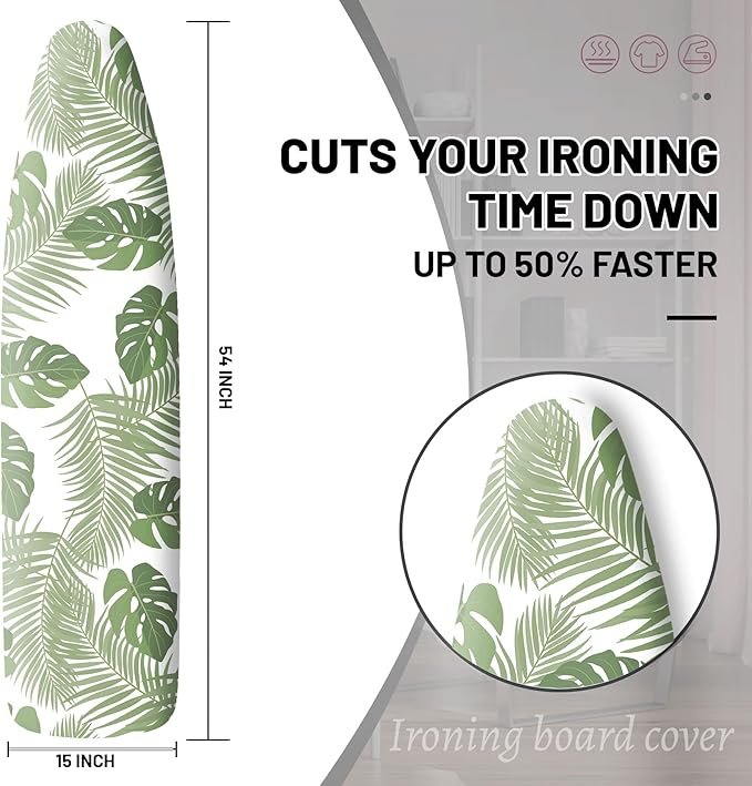 Extra Thick Ironing Board Cover and Pad, 15x54 Ironing Board Cover, Resist Scorching and Staining,Elastic Edges,Green Leaves Tropical Palm Leaf