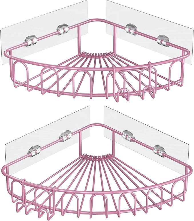 Orimade Corner Shower Caddy with 2 Hooks Wall Mounted Metal Bathroom Shelf Storage Organizer Adhesive No Drilling 2 Pack, Pink Only for 90-Degree Corner