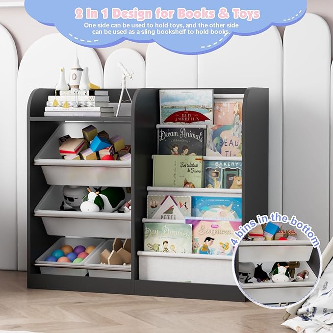 Black Kids Wood Bookshelf Toy Storage Box Organizer Shelf W/4 Removable Plastic Toy Bins Children Bookcase Toddler Baby Sling Book Rack Cabinet Chest Girl Boy Gift Playroom Classroom Bedroom Nursery-NeatNest