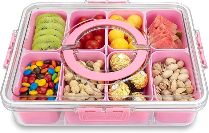 Divided Serving Tray with Lid and Handle, 8 Compartments Snack Box, Portable Platter for Candy Fruits Nuts, Snack Party Entertaining Picnic-NeatNest