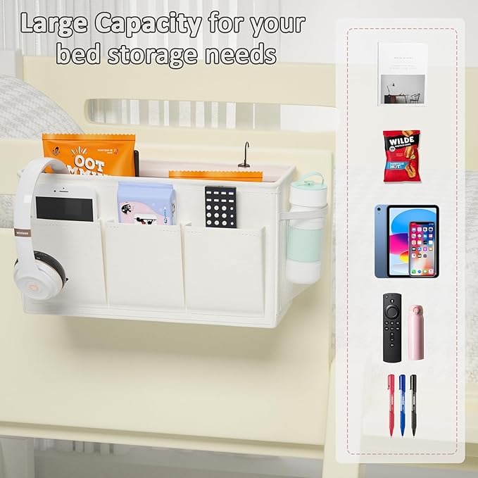 Dual-purpose Bedside Caddy Bedside Organizer, Bed Caddy with 6 Pockets, Versatile Bedside Storage Solution Magazine Remotes holder, ideal for Home, Dorm, Hospital, Crib Bed (White)-NeatNest