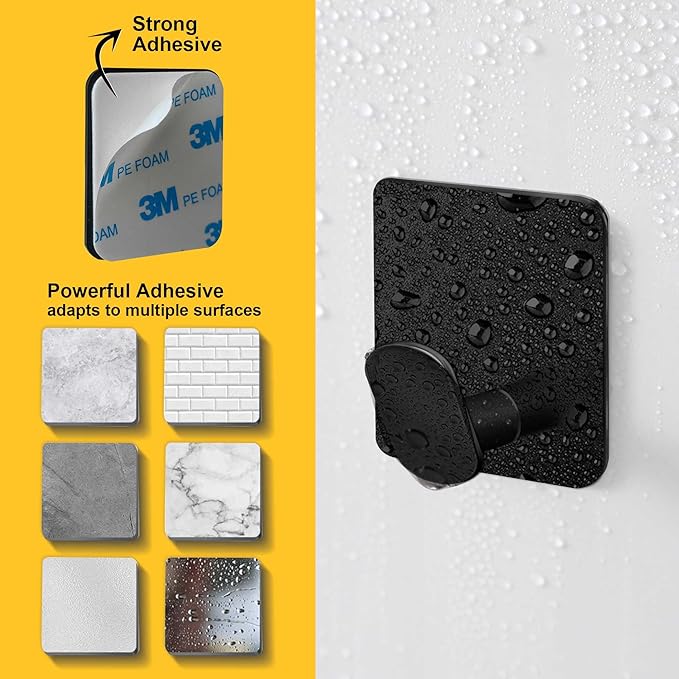 Adhesive Hooks - 4 Pack Towel/Wall Hooks for Hanging Coat, Hat,Towel Robe, Heavy Duty Hooks Stick on Kitchen or Bathroom (Matte Black, Waterproof, Stainless Steel)