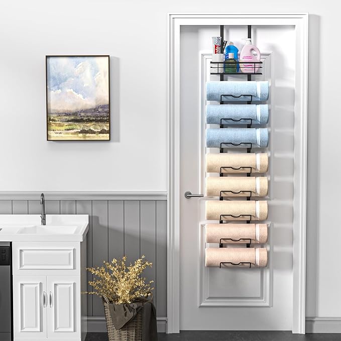 9-Tier Over The Door Towel Rack,Towel Racks for Bathroom, Metal Towel Holder with Storage Basket,Towel Storage for Small Bathroom,Towel Rack for Rolled Towels,Black