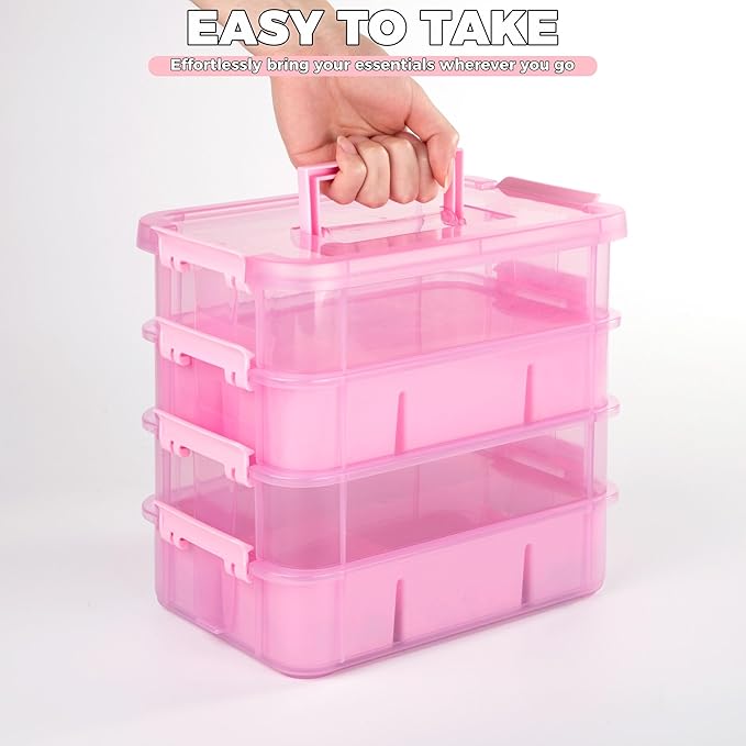 Art Supply Storage Organizer with 2 Removable Trays, 4-Layer 11QT Durable Craft Organizers and Storage for Sewing, Tool, Office Supplies, Art, Craft Supplies(Pink)