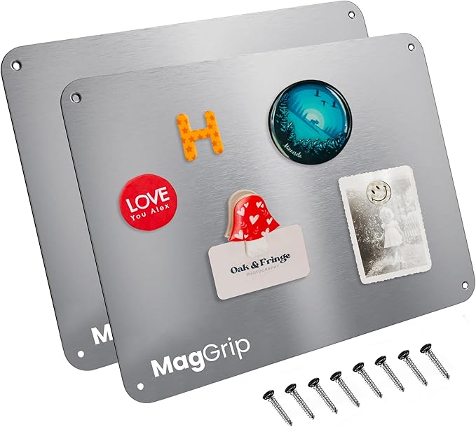 9 inches x 6.5 inches Stainless Steel Plate for Magnets, 3M Adhesive Back, Mounting Screws, Ideal for Magnetic Shelf, Spice Holders, Fridge Magnets. Mount Anywhere! (Silver, 2 Pack)